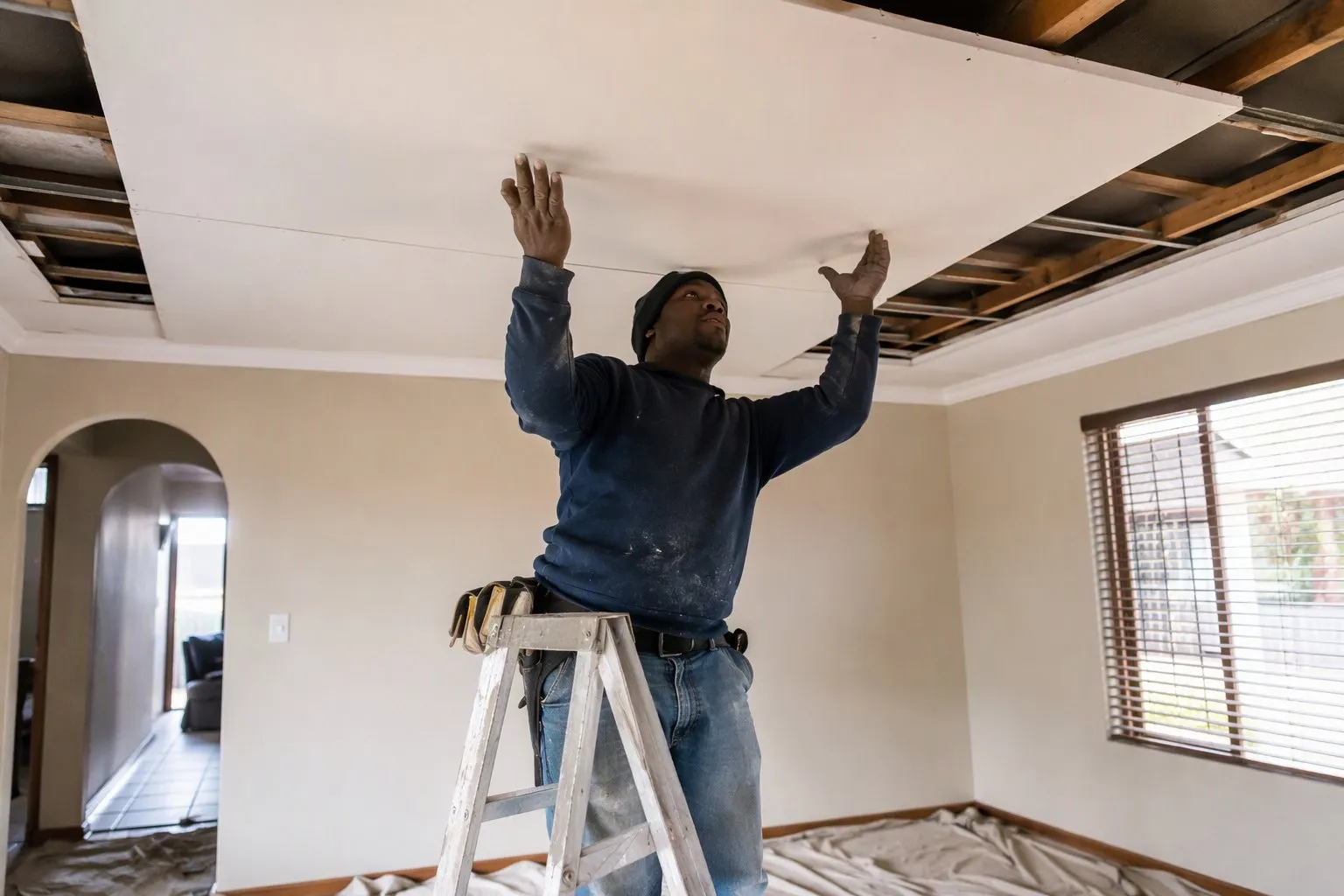 Ceiling installer fitting a new ceiling panel inside a home