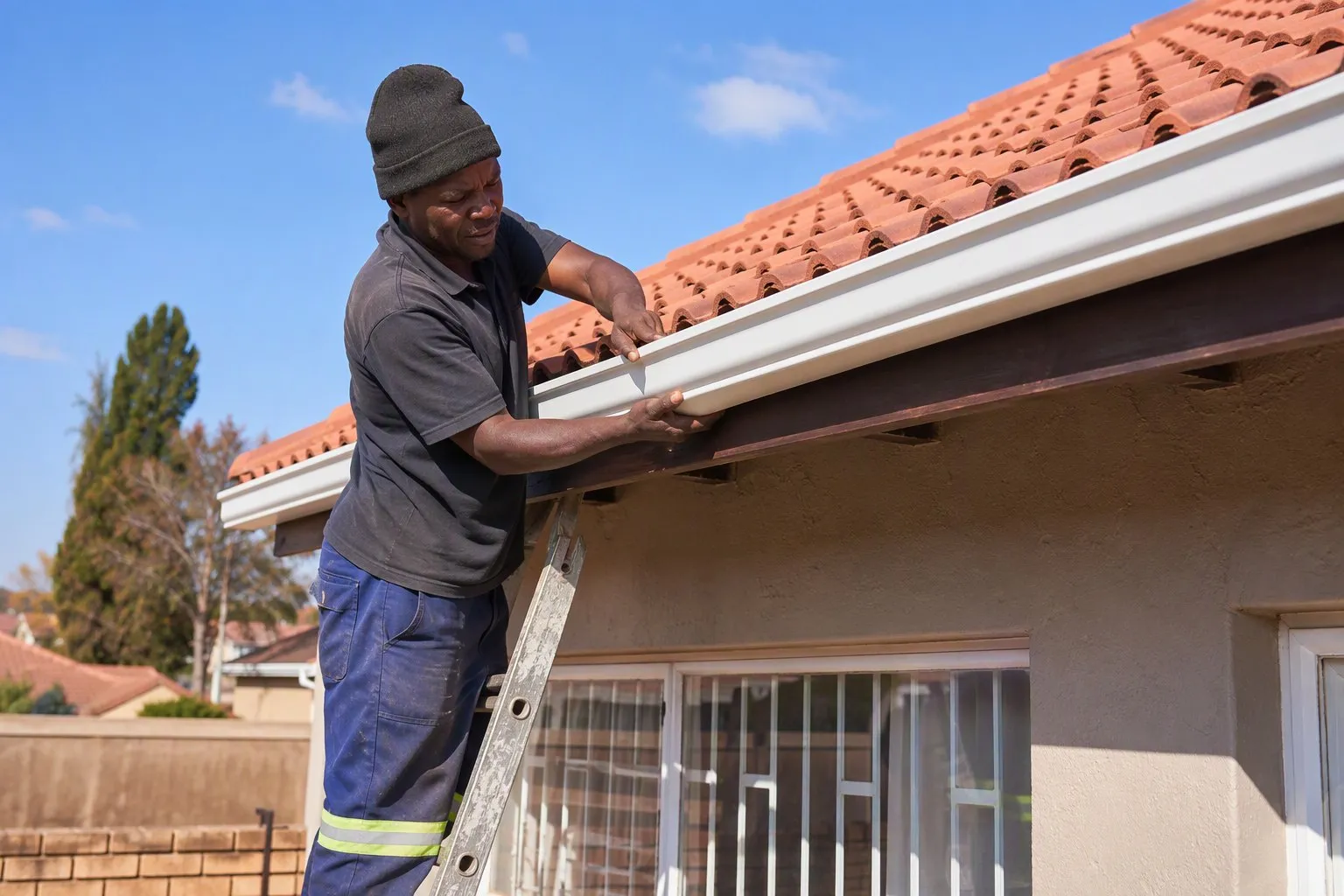 New white gutter being installed along a tiled roof edge