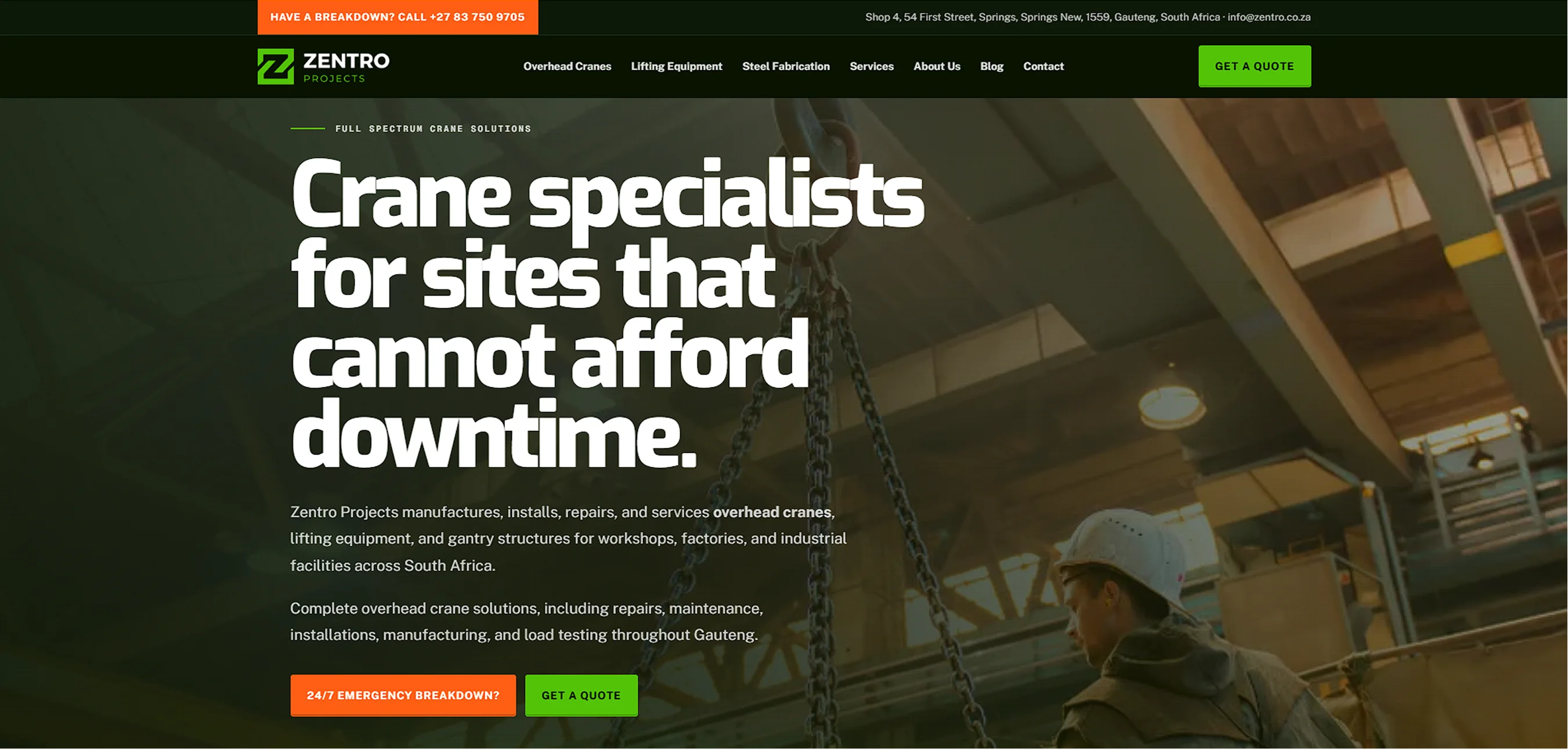Zentro Projects — Overhead Crane Services website designed by MTJ Digital